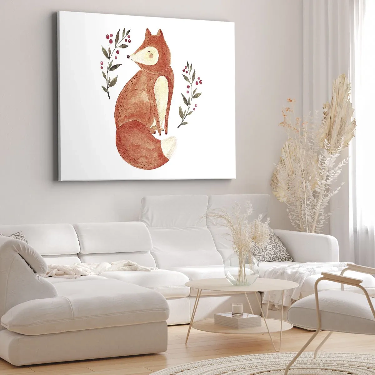 Quadro su tela - Stampe su Tela - Una volpe acquerellata circondata da ramoscelli con bacche - 70x50cm - Piccola rossa - Decorazione murale moderna per soggiorno e camera da letto ARTTOR