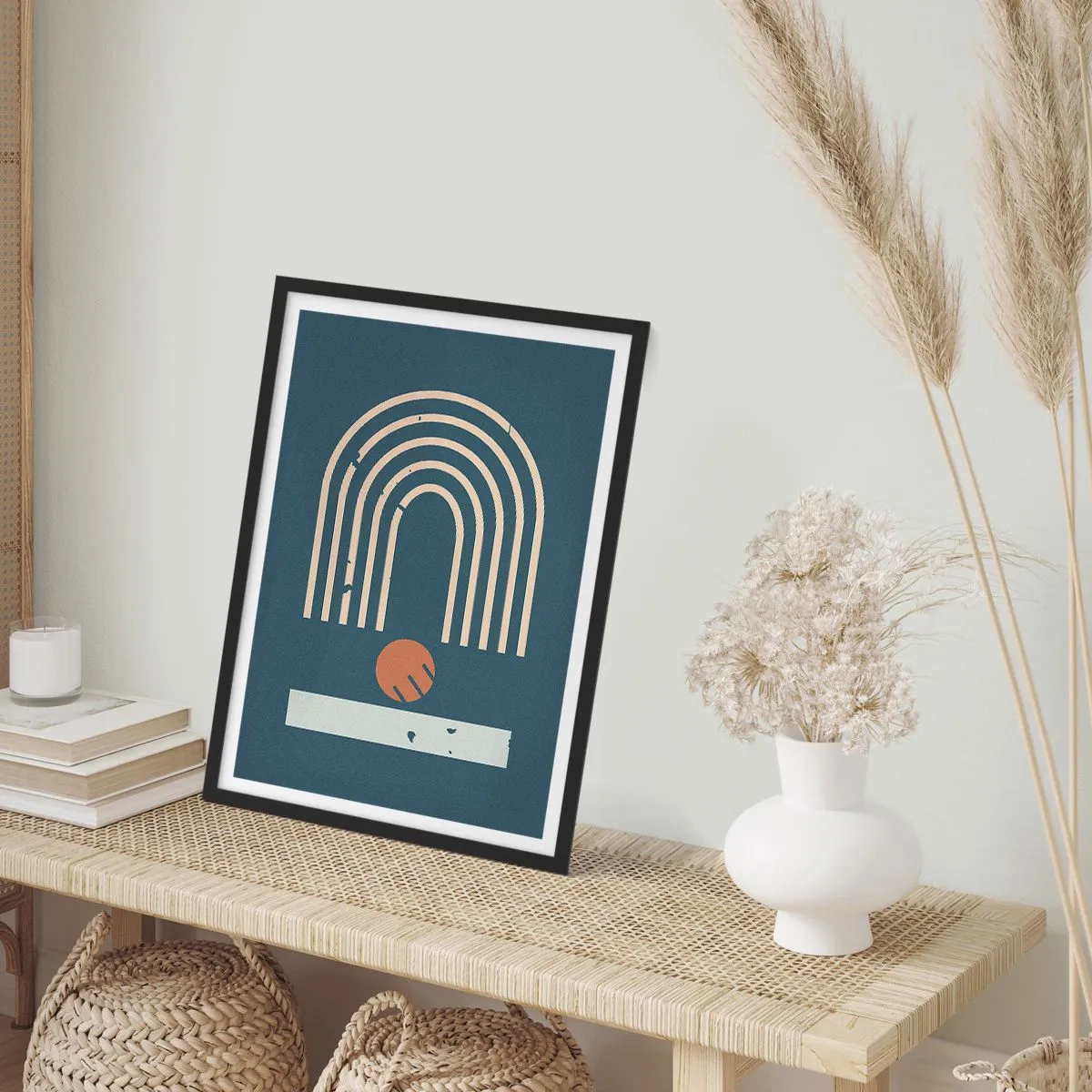 Poster in cornice nera - Archi geometrici e una sfera su uno sfondo scuro - 50x70cm - Geometria in blu - Decorazione murale moderna per soggiorno e camera da letto ARTTOR