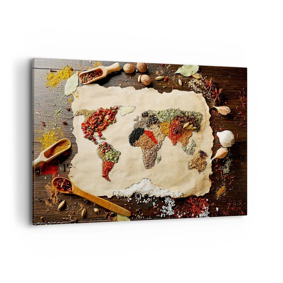 Quadro su tela - Stampe su Tela - Una mappa del mondo fatta di spezie su uno sfondo di legno. - 100x70cm - Tutti i gusti del mondo - Decorazione murale moderna per soggiorno e camera da letto ARTTOR
