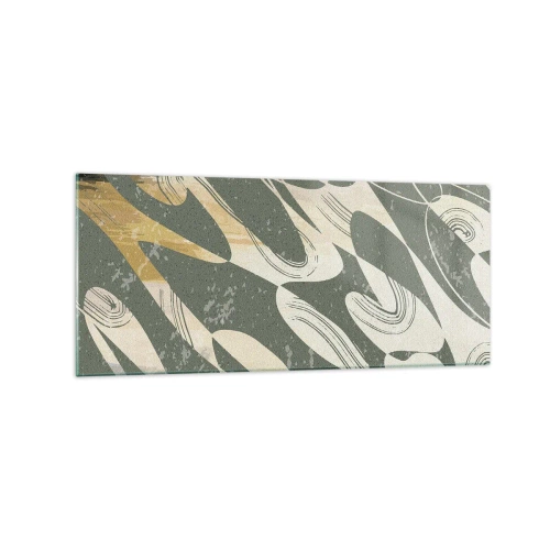 Quadro su vetro - Forme dinamiche nei toni del verde e dell'oro - 120x50cm - Astrazione ritmica - Decorazione murale moderna per soggiorno e camera da letto ARTTOR