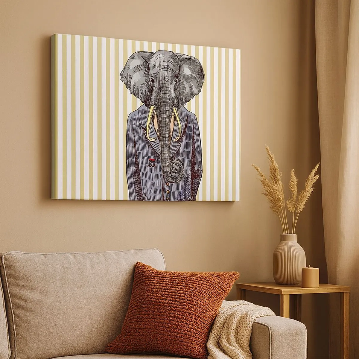 Quadro su tela - Stampe su Tela - Un elefante in abito su uno sfondo di strisce beige - 70x50cm - Elegante di natura - Decorazione murale moderna per soggiorno e camera da letto ARTTOR