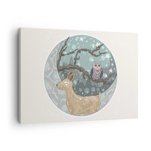 Quadro su tela - Stampe su Tela - Un cervo e un gufo in un paesaggio notturno da favola - 70x50cm - Notte fiabesca nel bosco - Decorazione murale moderna per soggiorno e camera da letto ARTTOR