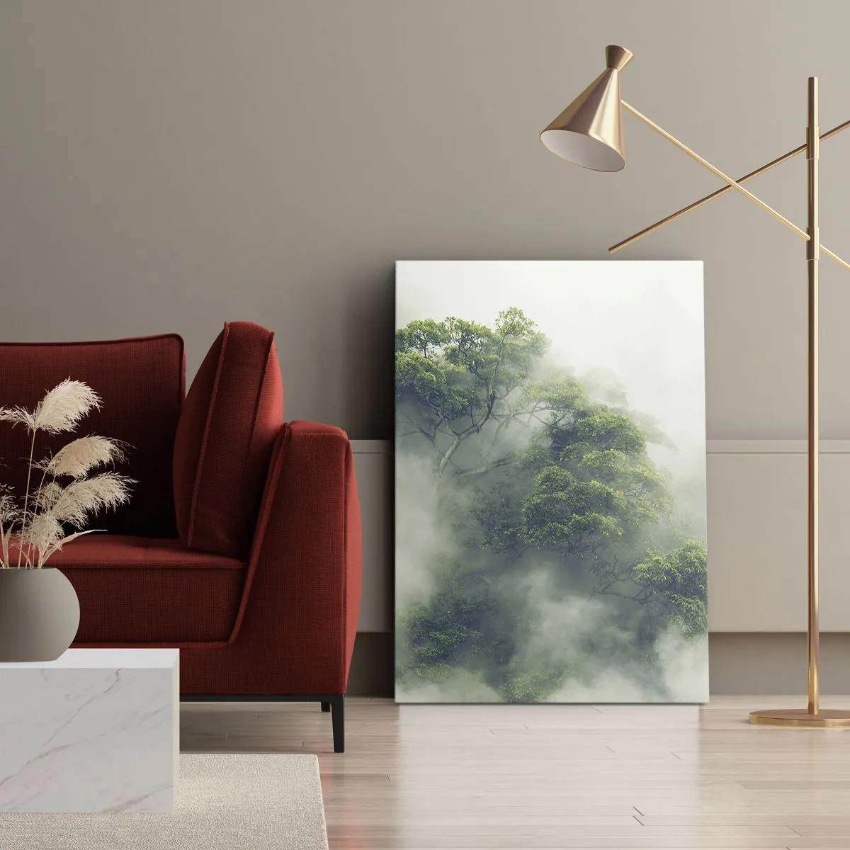 Quadro su tela - Stampe su Tela - Alberi verdi nella fitta nebbia contro uno sfondo naturale - 50x70cm - Avvolti dalla nebbia - Decorazione murale moderna per soggiorno e camera da letto ARTTOR