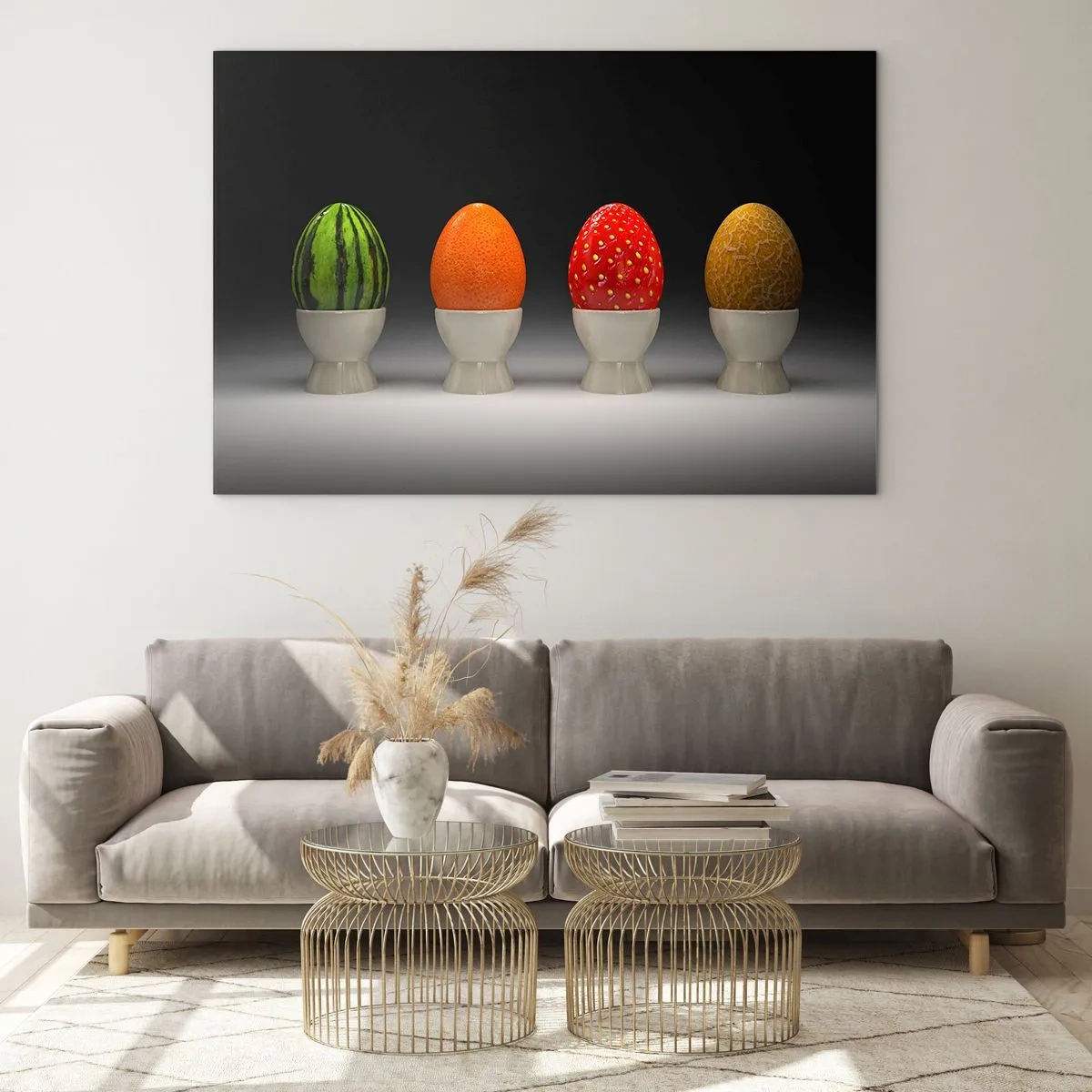 Quadro su vetro - Uova in gusci di frutta su un supporto - 70x50cm - Colazione alla frutta - Decorazione murale moderna per soggiorno e camera da letto ARTTOR