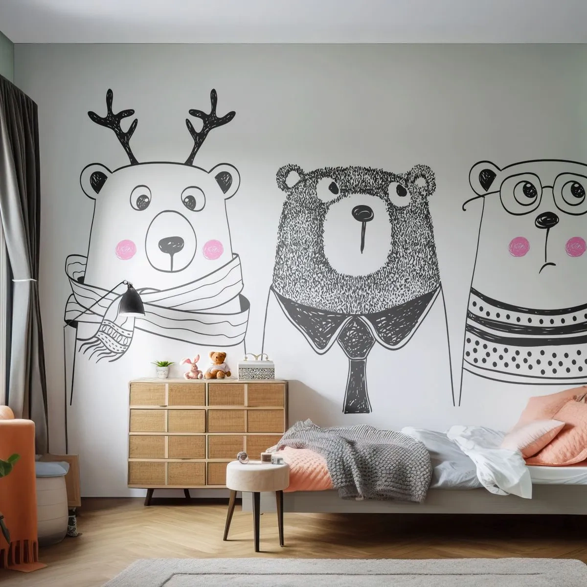 Fotomurali Premium Sand - Tre orsi divertenti in stile minimalista - 100x70cm - Orso, orsetto e orsino - Decorazione murale moderna per soggiorno e camera da letto ARTTOR