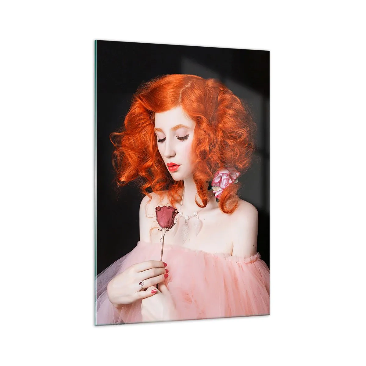 Quadro su vetro - Una donna con i capelli rossi che tiene una rosa - 70x100cm - In stile barocco - Decorazione murale moderna per soggiorno e camera da letto ARTTOR
