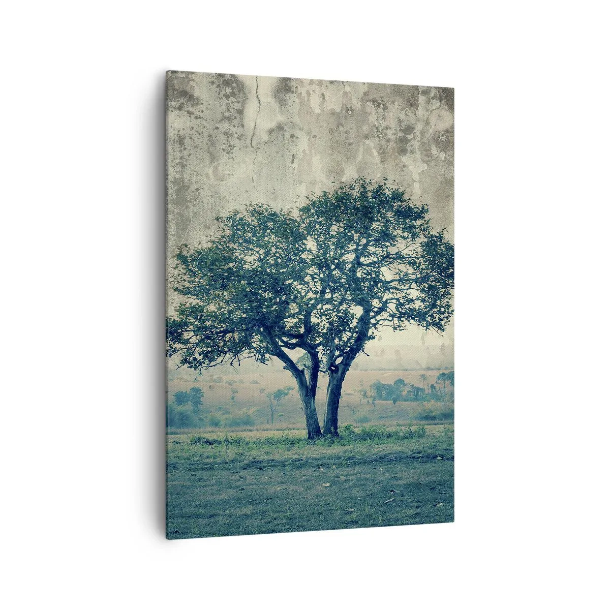 Quadro su tela - Stampe su Tela - Un albero solitario contro un paesaggio nebbioso - 70x100cm - Un melo su un prato blu? - Decorazione murale moderna per soggiorno e camera da letto ARTTOR