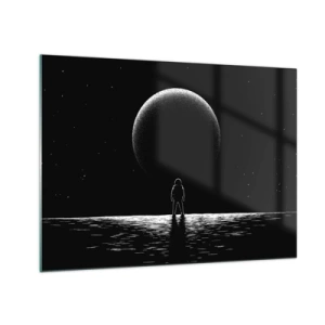 Quadro su vetro - Astronauta in piedi davanti a un pianeta in bianco e nero - 70x50cm - Faccia a faccia - Decorazione murale moderna per soggiorno e camera da letto ARTTOR
