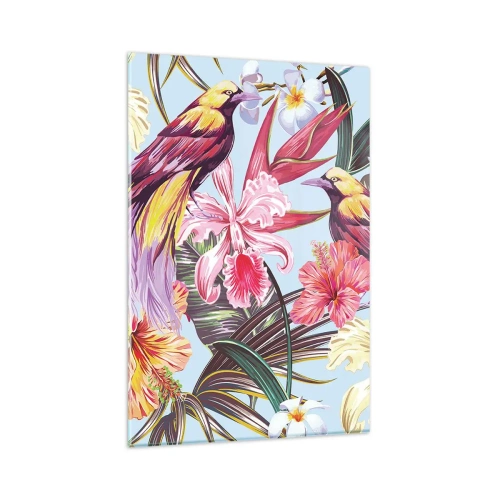 Quadro su vetro - Uccelli esotici tra i fiori tropicali - 80x120cm - Petali e piume - Decorazione murale moderna per soggiorno e camera da letto ARTTOR