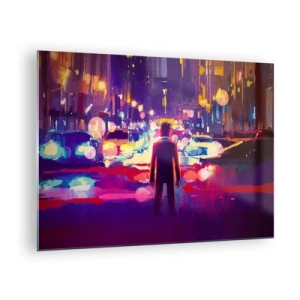 Quadro su vetro - Una figura in una colorata luce notturna cittadina in stile futuristico - 70x50cm - Immerso nella luce - Decorazione murale moderna per soggiorno e camera da letto ARTTOR