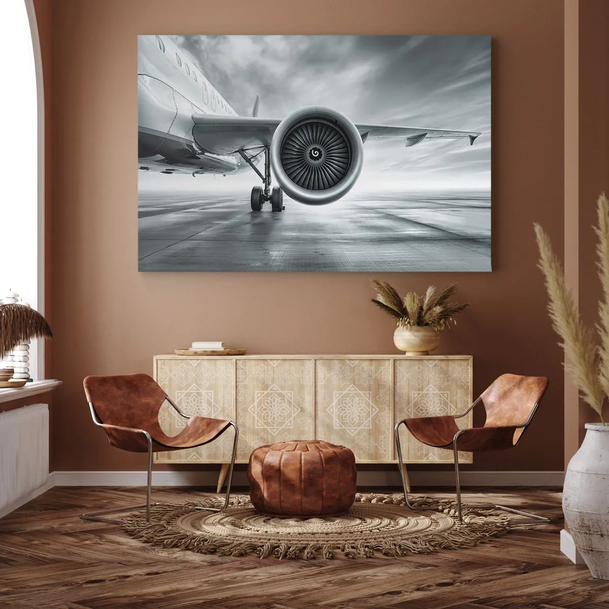 Quadro su tela - Stampe su Tela - Il motore a reazione di un aereo sulla pista - 100x70cm - C'è la forza! - Decorazione murale moderna per soggiorno e camera da letto ARTTOR