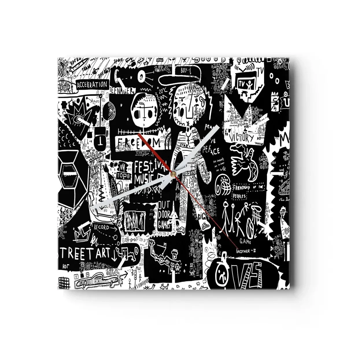 Orologio da parete - Orologio in Vetro - Collage in bianco e nero ispirato alla street art - 30x30cm - Gioventù spirituale di giustizia e gioia - Decorazione murale moderna per soggiorno e camera da letto ARTTOR