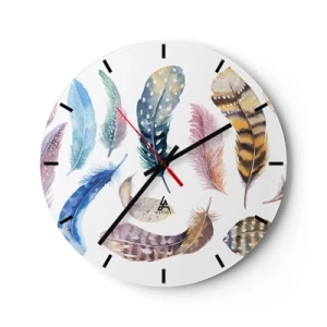 Orologio da parete - Orologio in Vetro - Piume colorate in stile acquerello - 30x30cm - Leggere, variopinte e multicolori - Decorazione murale moderna per soggiorno, cucina e camera da letto ARTTOR