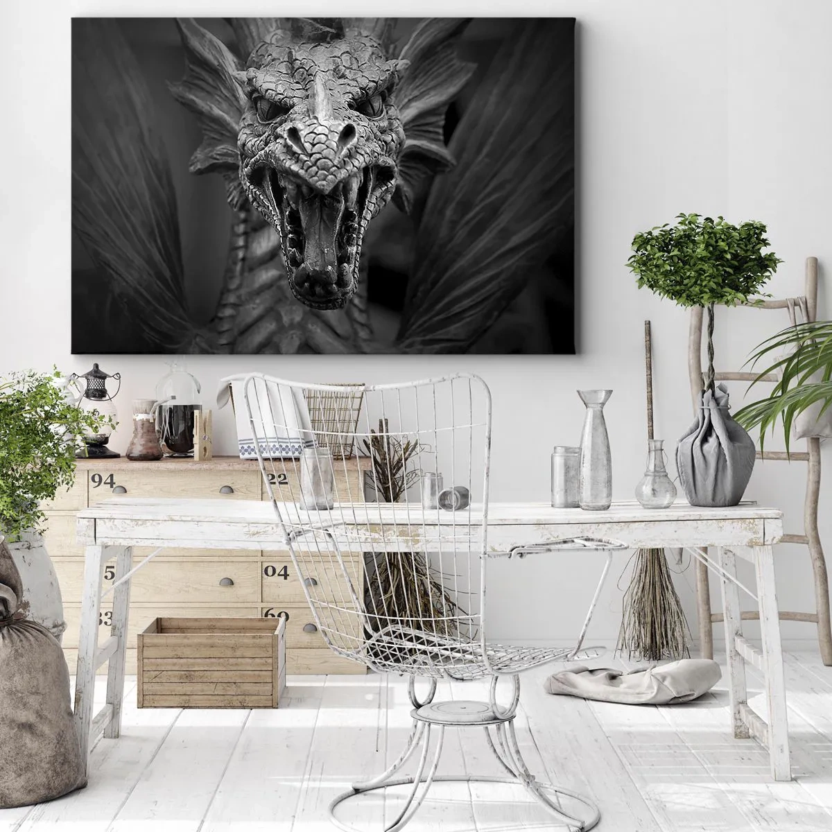 Quadro su tela - Stampe su Tela - Una minacciosa testa di drago in bianco e nero con dettagli espressivi. - 70x50cm - Drago favoloso in grigio - Decorazione murale moderna per soggiorno e camera da letto ARTTOR