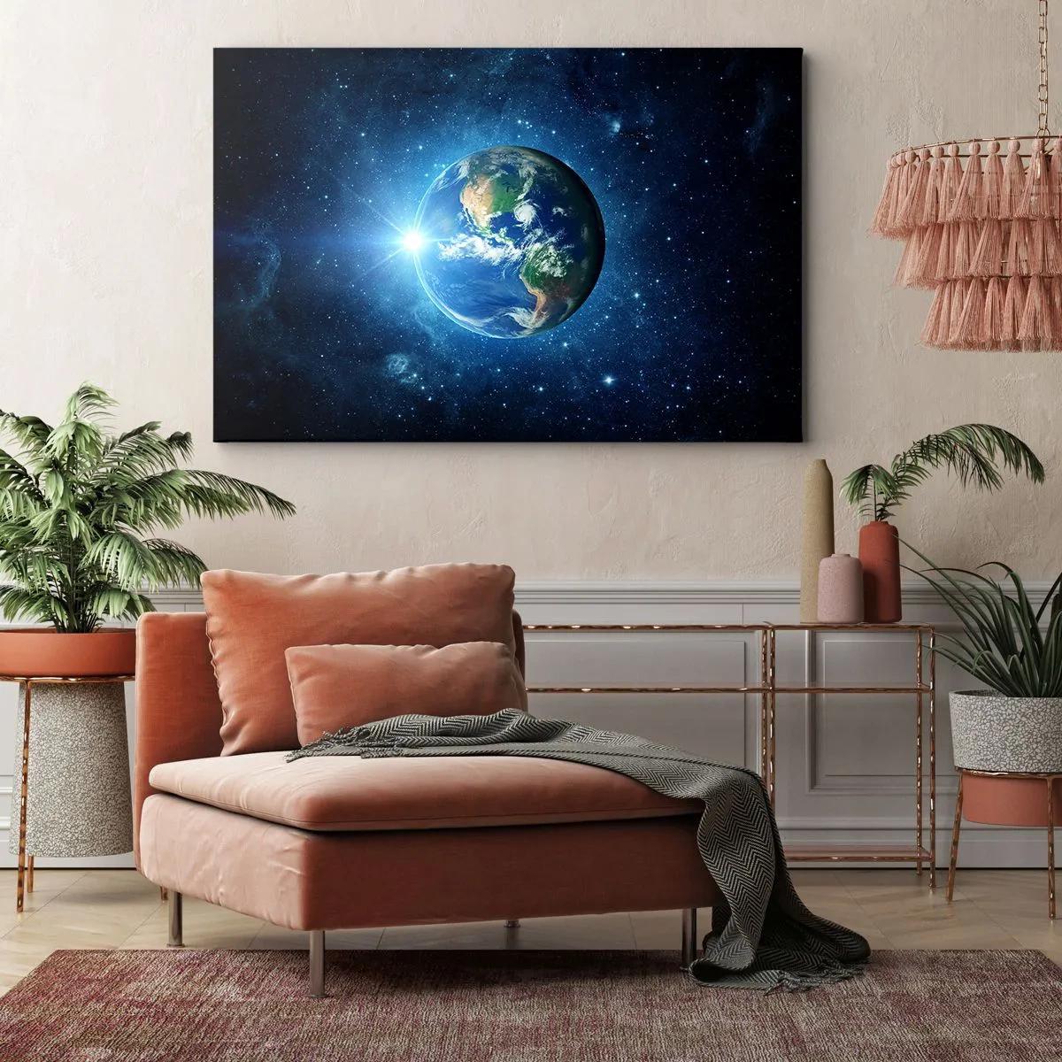 Quadro su tela - Stampe su Tela - La Terra nello spazio circondata da stelle e luce - 120x80cm - Siamo in cielo - Decorazione murale moderna per soggiorno e camera da letto ARTTOR