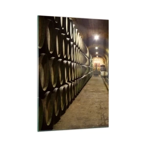 Quadro su vetro - Una cantina con botti di legno per il vino disposte in file - 80x120cm - È bene riposare - Decorazione murale moderna per soggiorno e camera da letto ARTTOR