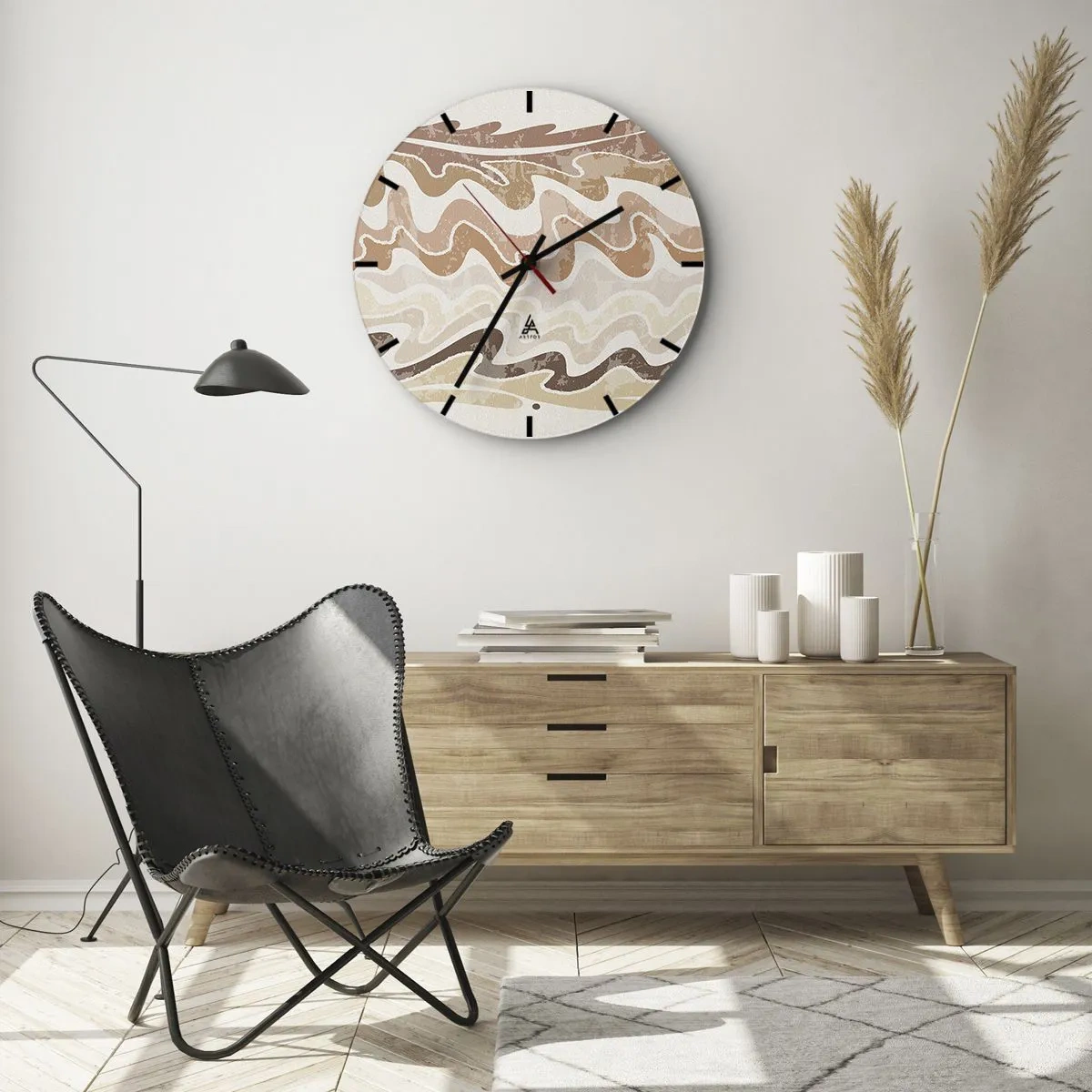 Orologio da parete - Orologio in Vetro - Linee ondulate in tonalità calde e sabbiose - 30x30cm - Buona energia - buone emozioni - Decorazione murale moderna per soggiorno, cucina e camera da letto ARTTOR