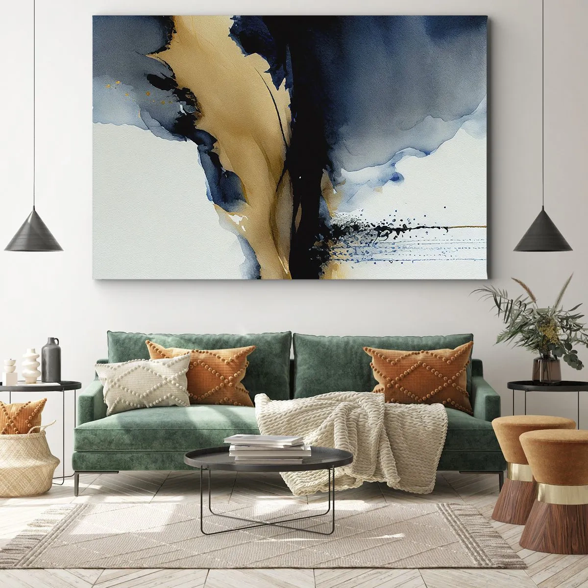 Quadro su tela - Stampe su Tela - Una composizione astratta nei toni del blu navy e dell'oro - 70x50cm - Dietro la cortina - Decorazione murale moderna per soggiorno e camera da letto ARTTOR