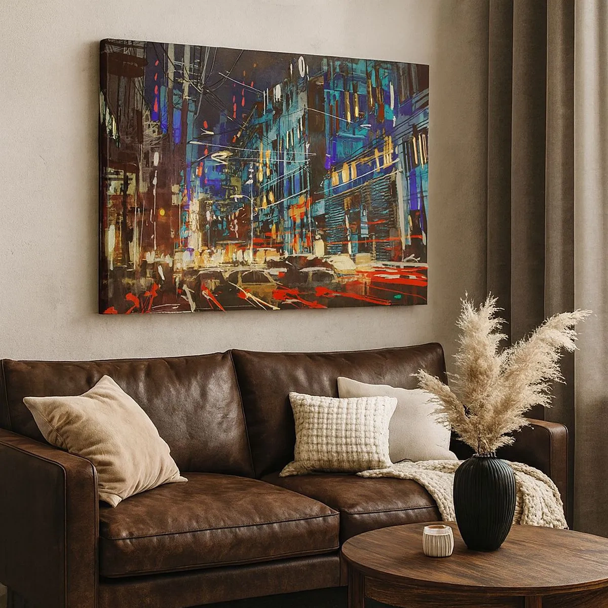 Quadro su tela - Stampe su Tela - Scena notturna della città con luci al neon - 70x50cm - Frastuono serale della strada - Decorazione murale moderna per soggiorno e camera da letto ARTTOR