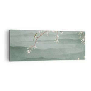 Quadro su tela - Stampe su Tela - Un'immagine pittoresca di un ramo di albero fiorito con uccelli sullo sfondo di verdi colline. - 140x50cm - Eccoti primavera - Decorazione murale moderna per soggiorno e camera da letto ARTTOR
