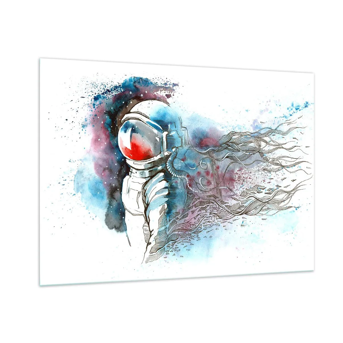 Quadro su vetro - Astronauta in un ambiente spaziale dinamico ad acquerello - 100x70cm - Da solo nel cosmo - Decorazione murale moderna per soggiorno e camera da letto ARTTOR