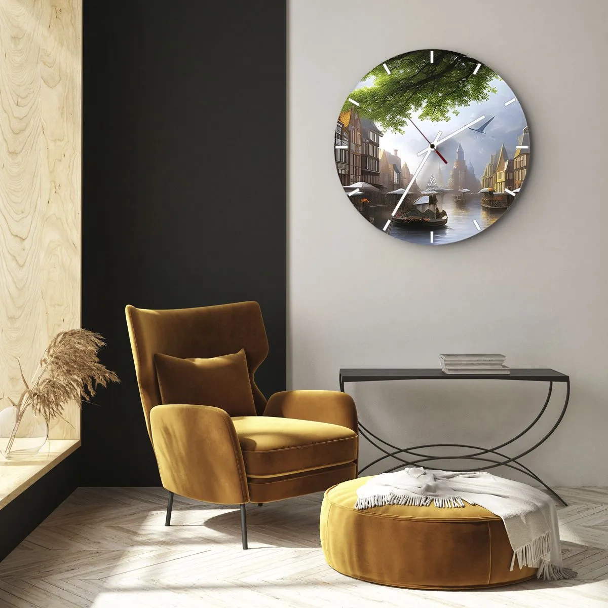 Orologio da parete - Orologio in Vetro - Canale d'acqua con barche e case popolari storiche - 30x30cm - Paesaggio urbano olandese - Decorazione murale moderna per soggiorno, cucina e camera da letto ARTTOR