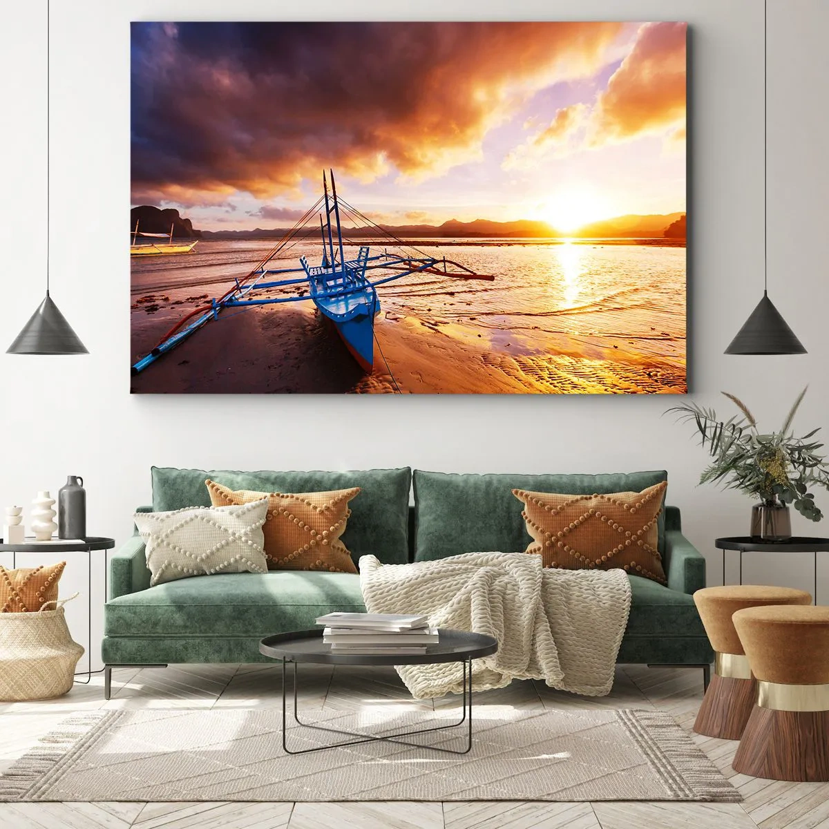 Quadro su tela - Stampe su Tela - Barca blu sulla spiaggia al tramonto - 120x80cm - Riposo sulla sabbia dopo l'intera giornata - Decorazione murale moderna per soggiorno e camera da letto ARTTOR