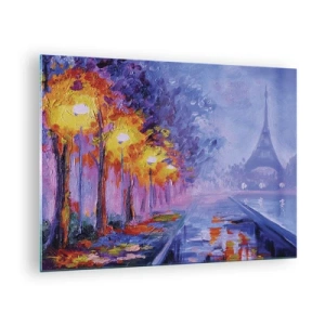 Quadro su vetro - Passeggiata serale a Parigi con la Torre Eiffel - 70x50cm - Passeggiata da sogno - Decorazione murale moderna per soggiorno e camera da letto ARTTOR