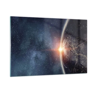 Quadro su vetro - La Terra illuminata dai raggi del sole nello spazio - 120x80cm - In una nuova prospettiva - Decorazione murale moderna per soggiorno e camera da letto ARTTOR