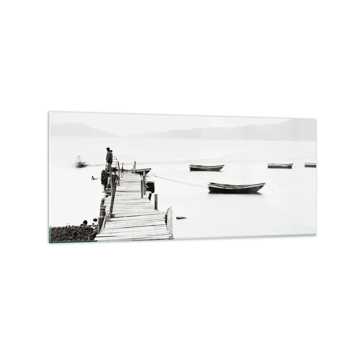 Quadro su vetro - Molo di legno e barche in acque calme - 120x50cm - Sull'acqua silenziosa e pura - Decorazione murale moderna per soggiorno e camera da letto ARTTOR