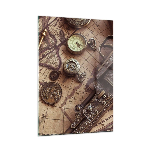 Quadro su vetro - Oggetti antichi e una mappa - 50x70cm - La natura chiama - Decorazione murale moderna per soggiorno e camera da letto ARTTOR