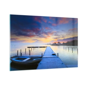Quadro su vetro - Un molo sul lago all'alba circondato dalla natura pacifica - 100x70cm - Tranquillità violacea e dorata - Decorazione murale moderna per soggiorno e camera da letto ARTTOR