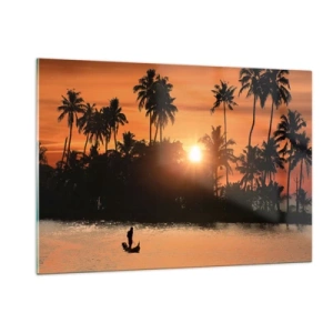 Quadro su vetro - Paesaggio tropicale con palme e tramonto sul fiume - 120x80cm - Il tempo del riposo - Decorazione murale moderna per soggiorno e camera da letto ARTTOR