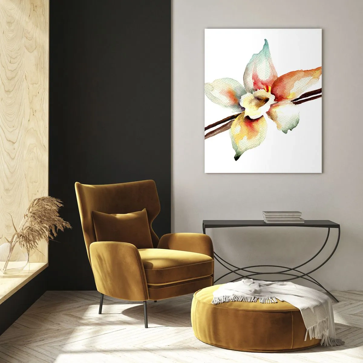 Quadro su vetro - Illustrazione ad acquerello di un fiore di vaniglia su sfondo bianco - 50x70cm - Dolcezza versata con la vernice - Decorazione murale moderna per soggiorno e camera da letto ARTTOR