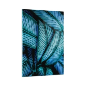 Quadro su vetro - Primo piano di foglie turchesi con dettagli vividi. - 70x100cm - Le linee della vita - Decorazione murale moderna per soggiorno e camera da letto ARTTOR