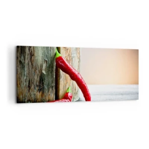 Quadro su tela - Stampe su Tela - Due peperoncini rossi su uno sfondo di legno con un accento rustico - 120x50cm - Red hot chili peppers - Decorazione murale moderna per soggiorno e camera da letto ARTTOR