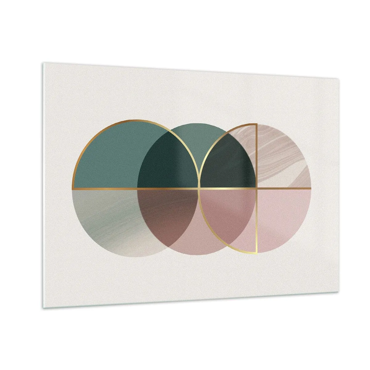 Quadro su vetro - Forme geometriche con sfumature di verde e rosa su uno sfondo chiaro - 100x70cm - Un cerchio dietro l'altro... - Decorazione murale moderna per soggiorno e camera da letto ARTTOR