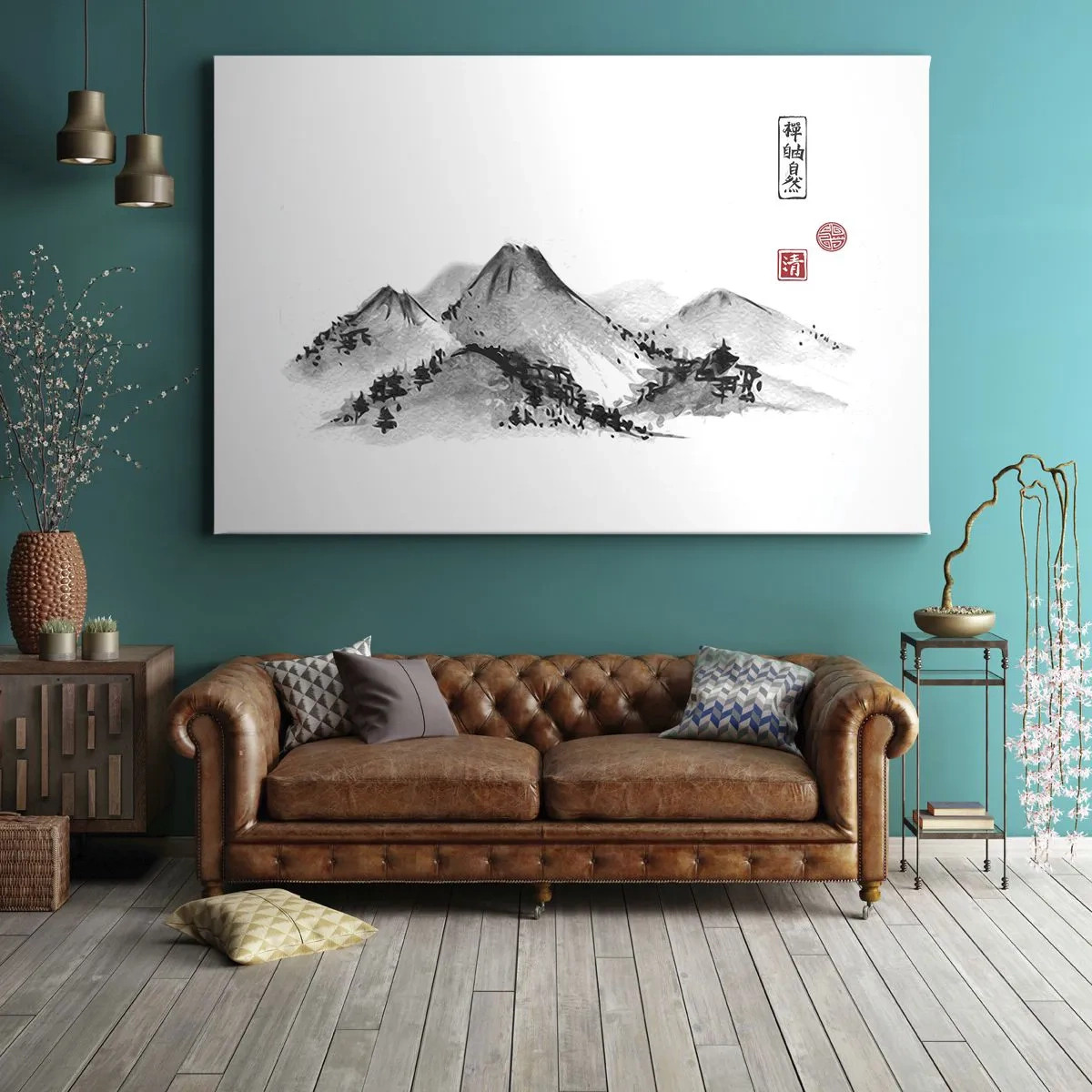 Quadro su tela - Stampe su Tela - Paesaggio montano tradizionale nello stile della pittura a inchiostro giapponese - 100x70cm - Troppo lontano - Decorazione murale moderna per soggiorno e camera da letto ARTTOR