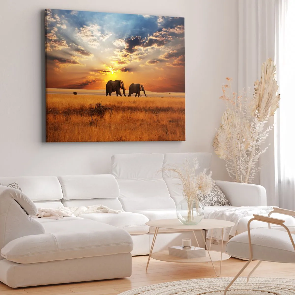 Quadro su tela - Stampe su Tela - Elefanti nella savana al tramonto - 100x70cm - Passeggiata familiare - Decorazione murale moderna per soggiorno e camera da letto ARTTOR