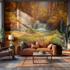 Fotomurali Premium Canvas - Una cascata dorata in una foresta autunnale circondata dal verde - 100x70cm - Cascata boschiva in oro - Decorazione murale moderna per soggiorno e camera da letto ARTTOR