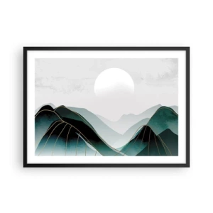 Poster in cornice nera - Paesaggio montano astratto con la luna e linee dorate - 70x50cm - In tutta la maestà - Decorazione murale moderna per soggiorno e camera da letto ARTTOR