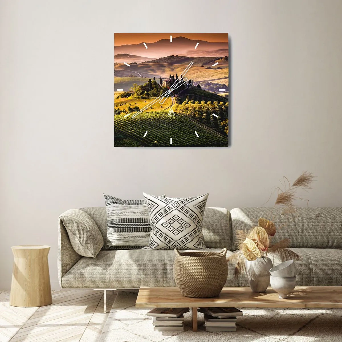 Orologio da parete - Orologio in Vetro - Paesaggio toscano con vigneti e una casa su una collina - 30x30cm - Arcadia: paesaggio toscano - Decorazione murale moderna per soggiorno e camera da letto ARTTOR