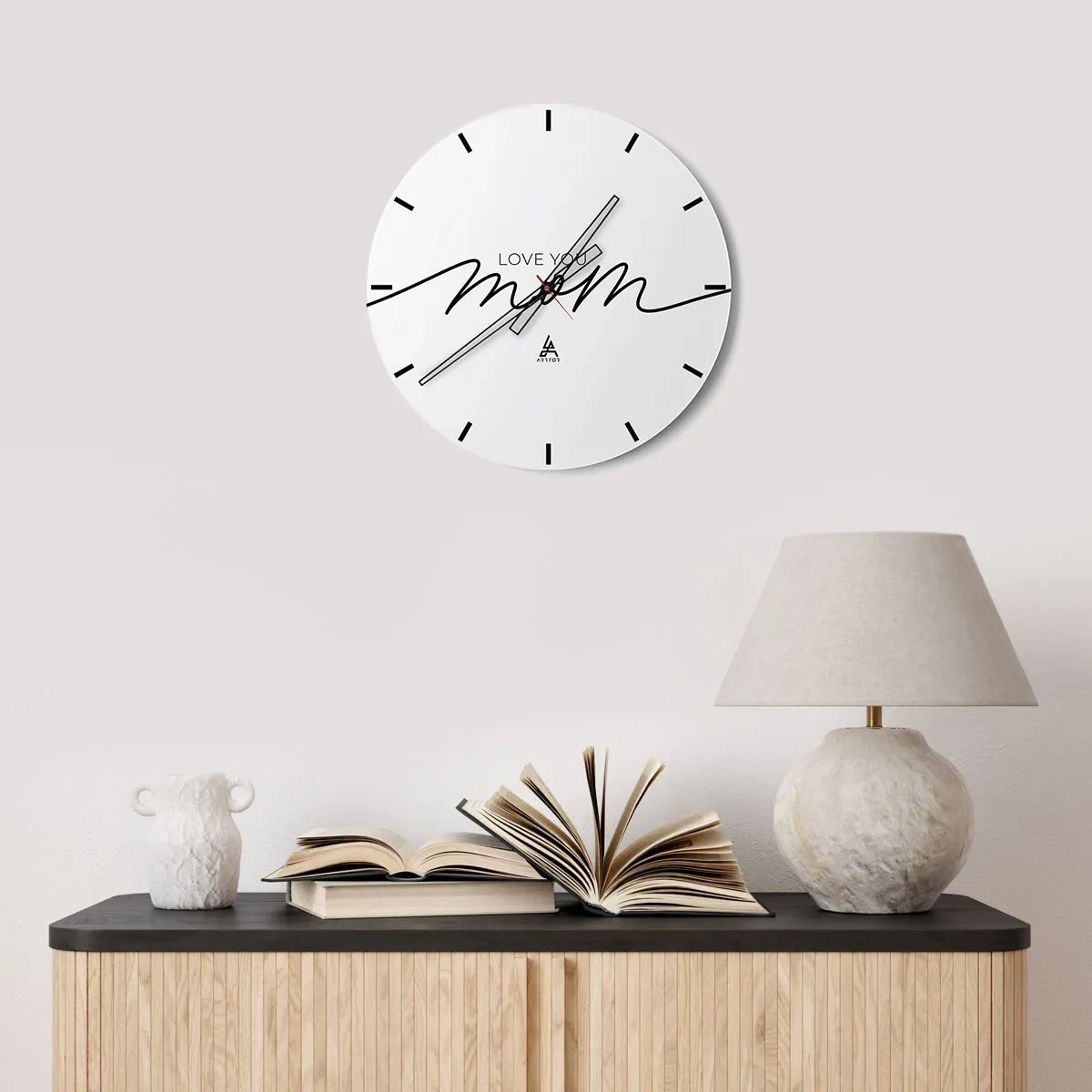 Orologio da parete - Orologio in Vetro - La scritta Love You Mom su sfondo bianco in uno stile elegante - 30x30cm - Grande commozione - Decorazione murale moderna per soggiorno, cucina e camera da letto ARTTOR