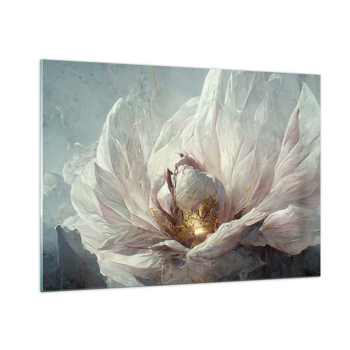 Quadro su vetro - Un fiore che sboccia in delicati toni grigi e oro - 100x70cm - Fiorisce ogni cento anni - Decorazione murale moderna per soggiorno e camera da letto ARTTOR