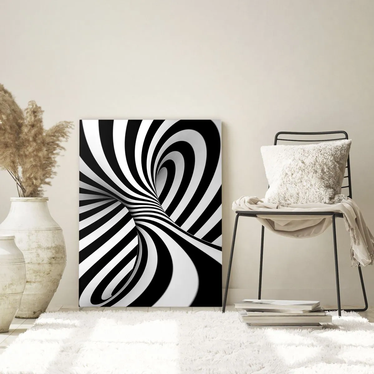 Quadro su vetro - Tunnel astratto con strisce a spirale bianche e nere - 70x100cm - Composizione: spazio danzante - Decorazione murale moderna per soggiorno e camera da letto ARTTOR