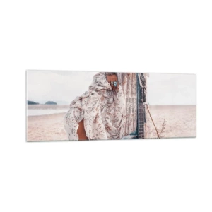 Quadro su vetro - Donna in stile boho con chitarra sulla spiaggia - 140x50cm - Figli dei fiori in cammino - Decorazione murale moderna per soggiorno e camera da letto ARTTOR