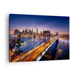 Quadro su tela - Stampe su Tela - Il ponte e il panorama della città al tramonto - 70x50cm - Il ponte luminoso fino al cuore della città - Decorazione murale moderna per soggiorno e camera da letto ARTTOR