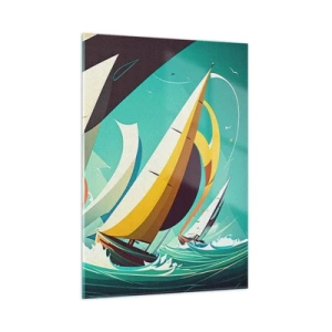 Quadro su vetro - Illustrazione in stile retrò di barche a vela in un mare in tempesta - 50x70cm - Compagne degli elementi - Decorazione murale moderna per soggiorno e camera da letto ARTTOR