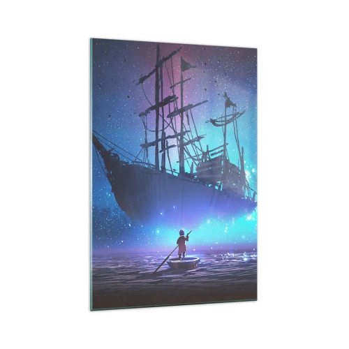 Quadro su vetro - Una nave fantastica contro il cielo stellato - 70x100cm - Incontro con il mito del mare - Decorazione murale moderna per soggiorno e camera da letto ARTTOR