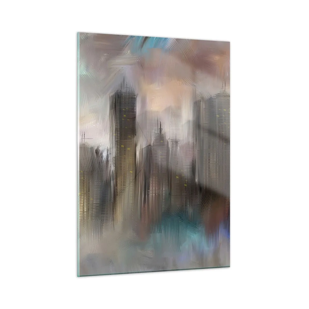 Quadro su vetro - Immagine astratta di una città con grattacieli - 50x70cm - Composizione con acciaio, pietra e nebbia - Decorazione murale moderna per soggiorno e camera da letto ARTTOR